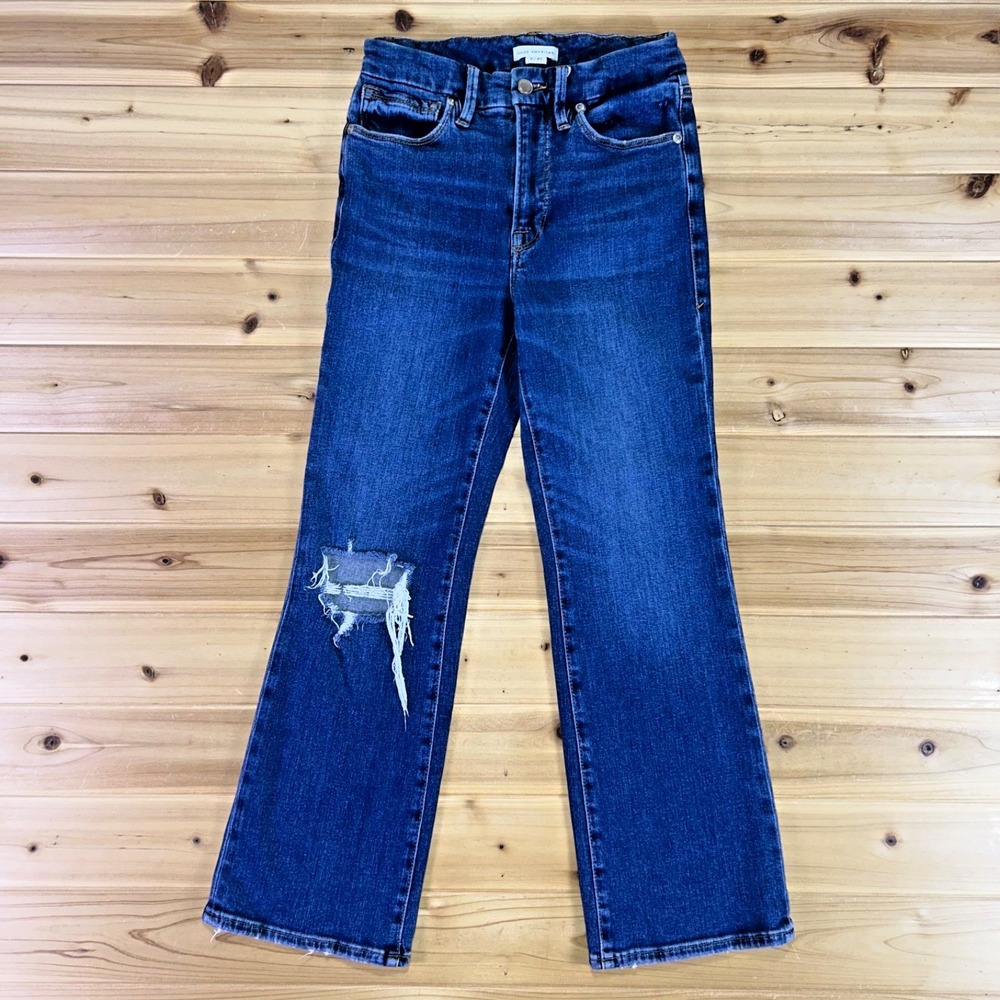 Good American Jeans Womens 4 Distressed Mini Bootcut Mid Rise Denim Blue Jeans